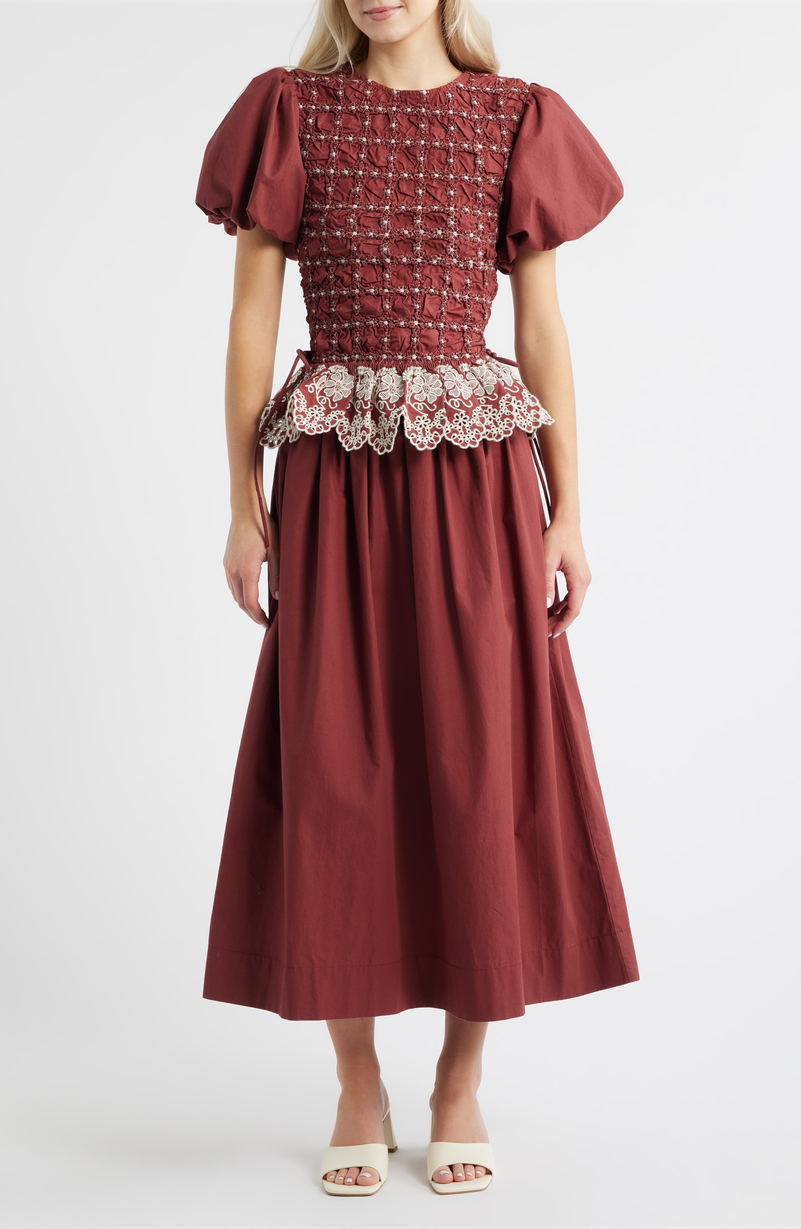 Damson Madder Audrey Smocked Puff Sleeve Organic Cotton Midi Dress