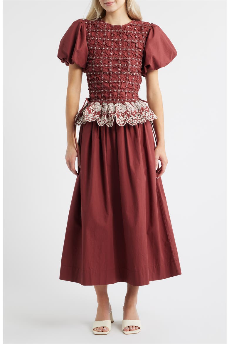 Audrey Smocked Puff Sleeve Organic Cotton Midi Dress, Main, color, RED