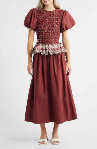Damson Madder Audrey Smocked Puff Sleeve Organic Cotton Midi Dress