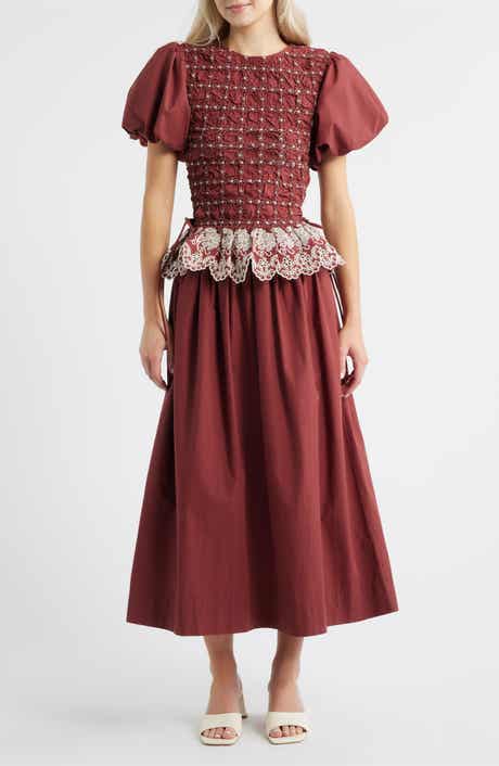 Damson Madder Audrey Smocked Puff Sleeve Organic Cotton Midi Dress
