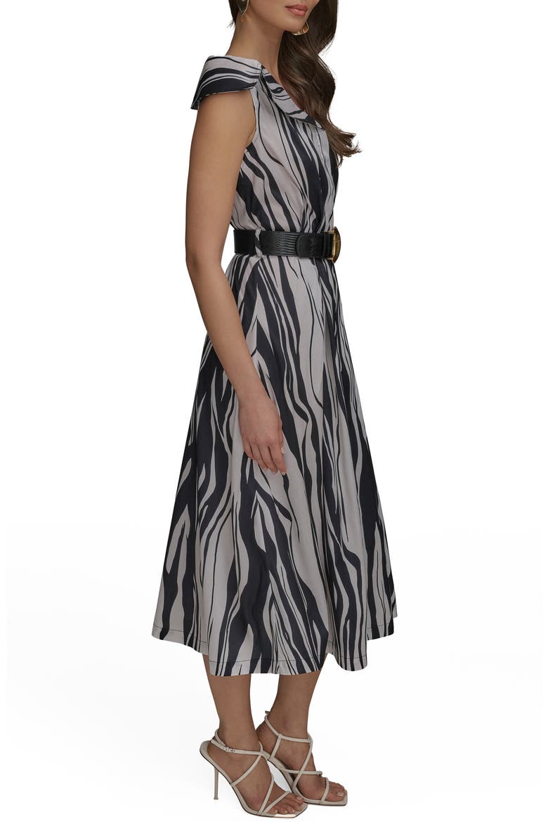 Zebra Print Notched Lapel Belted Midi Dress, Alternate, color, BLACK/ PRISTINE