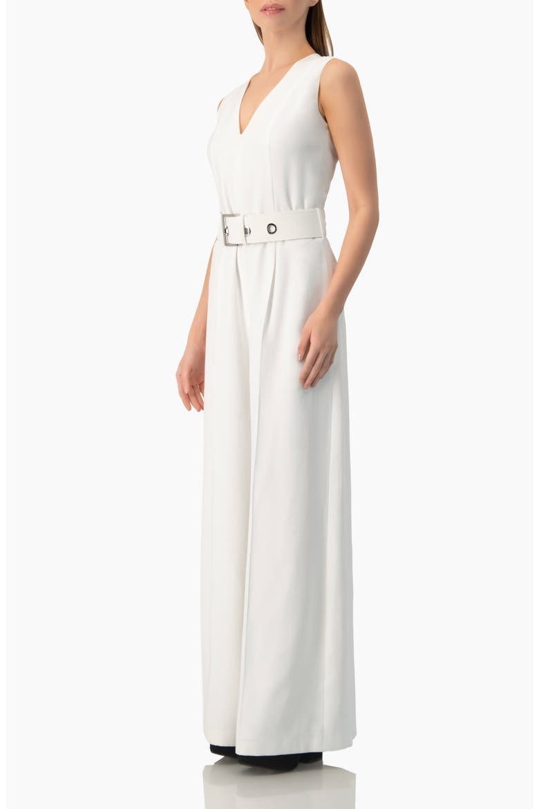 Clean V-Neck Buckle-Belt Wide-Leg Tailored Jumpsuit, Alternate, color, White