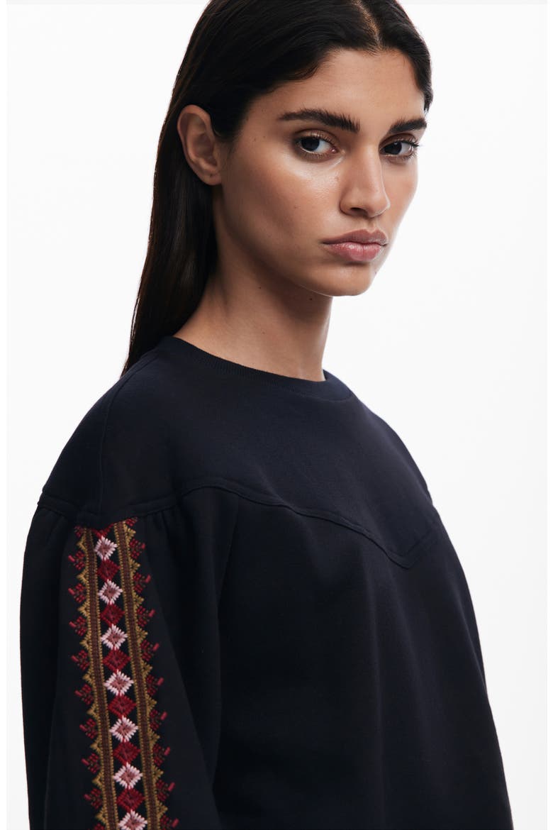 Embroidered Sleeve Sweatshirt, Alternate, color, BLACK