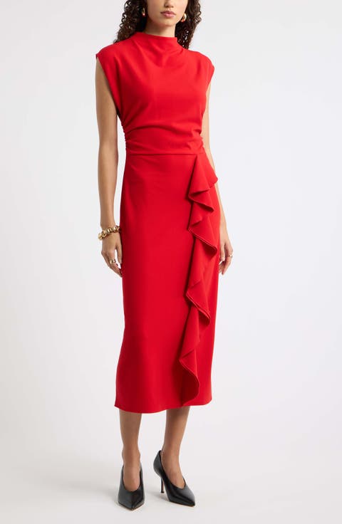 Mock Neck Ruffle Midi Dress