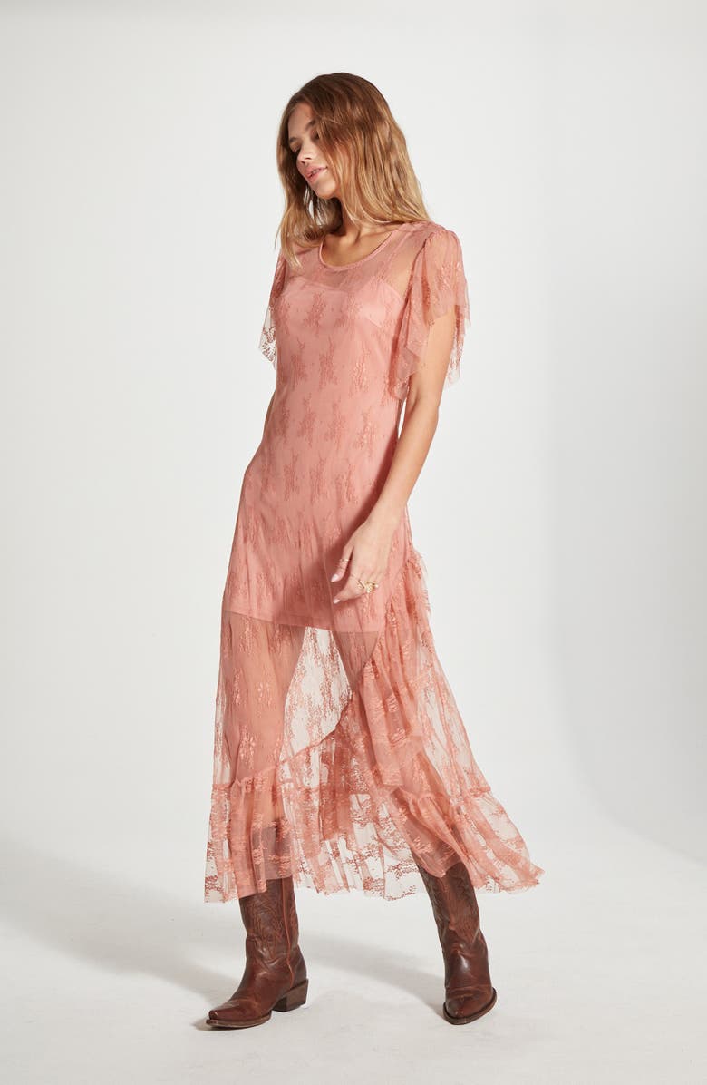 WISHLIST Sheer Lace Maxi Dress, Alternate, color, Clay