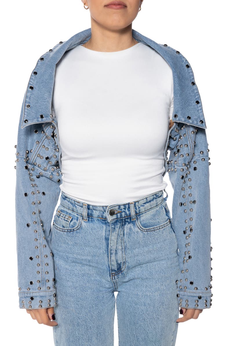 AZALEA WANG Studded Crop Denim Jacket, Main, color, 