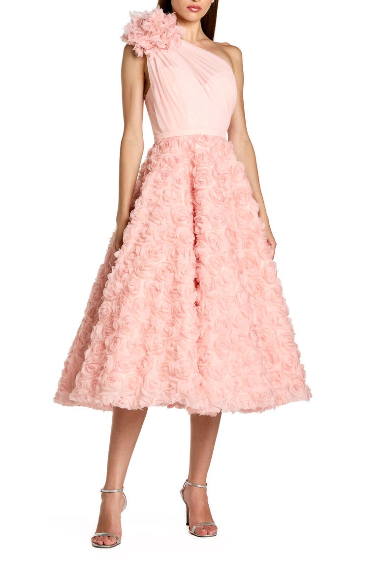 Lace One Shoulder 3D Flower A Line Midi Dress, Main, color, Blush