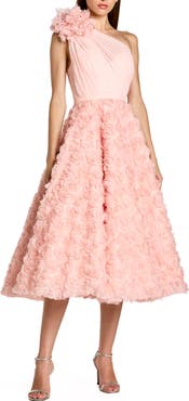 Mac Duggal Lace One Shoulder 3D Flower A Line Midi Dress
