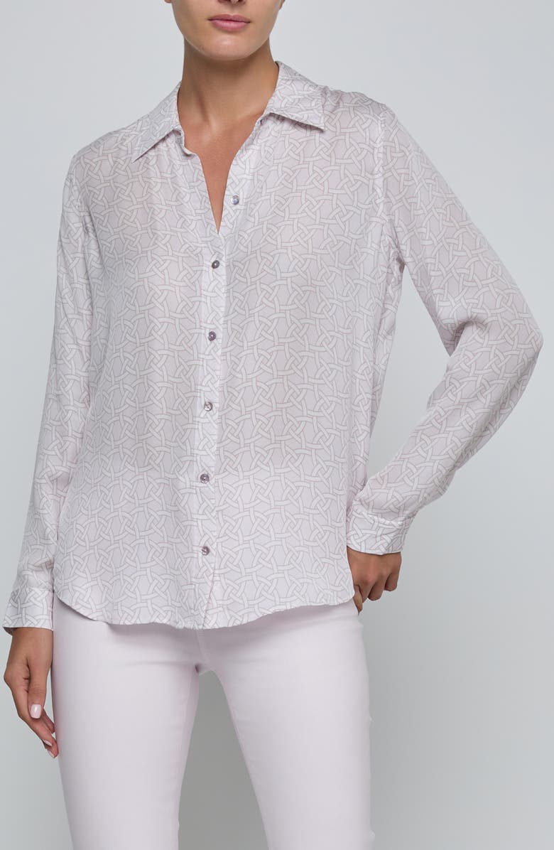 L'AGENCE Nina Geo Print Silk Button-Up Shirt, Main, color, Icy Lilac Linked Geo