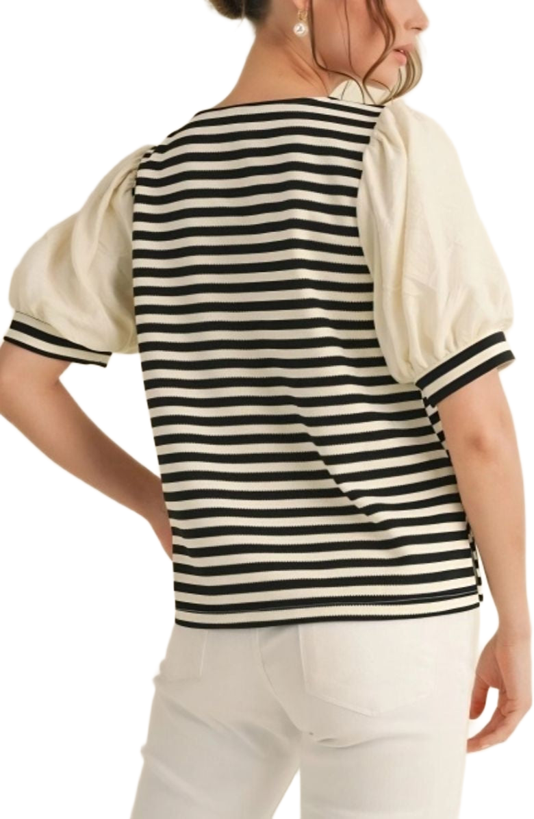 Knit and Lounge Puff Sleeve V-Neck Knit Top, Alternate, color, Black / Off-White Stripes
