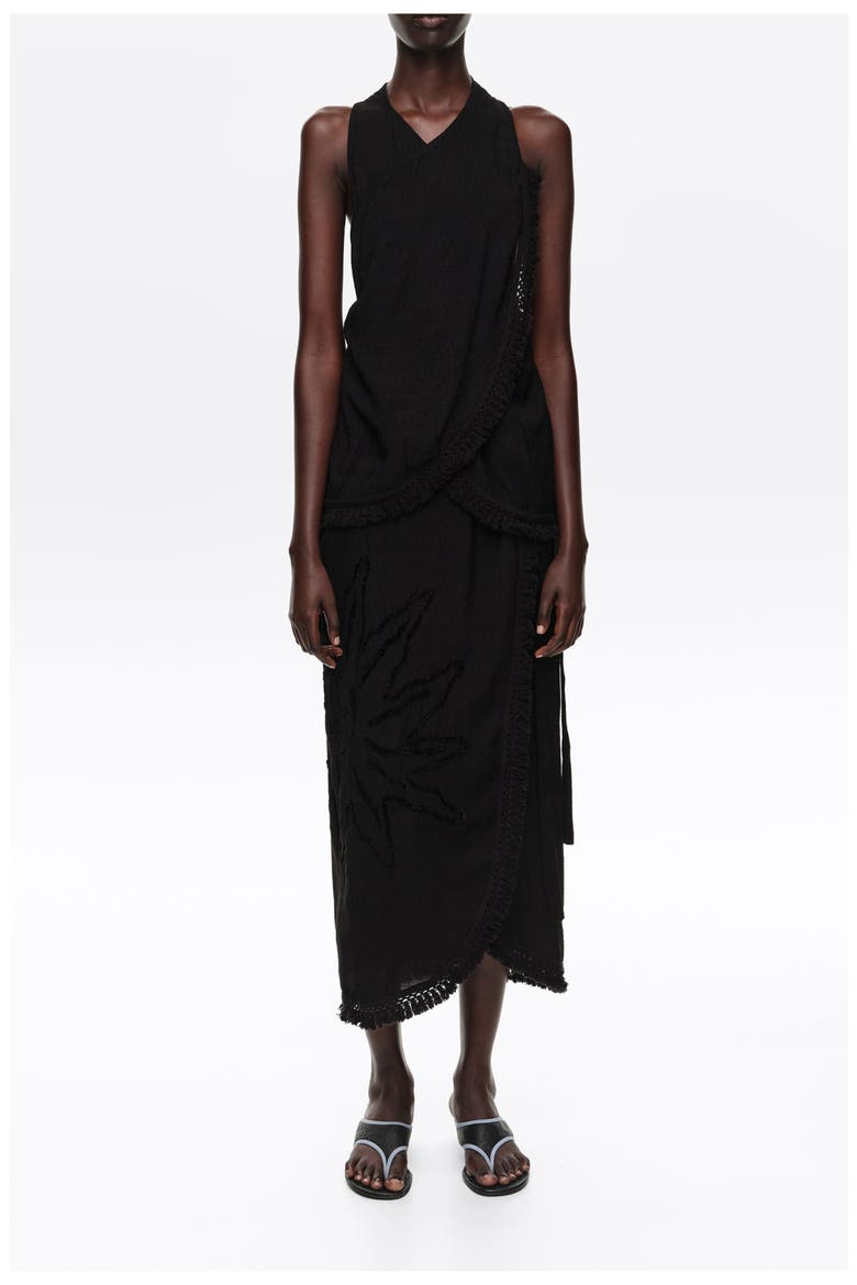 Fringed Wrap Midi Dress, Main, color, BLACK