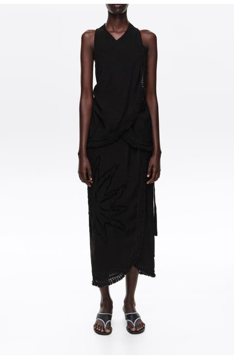 Fringed Wrap Midi Dress