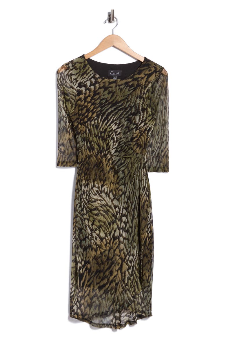 Three-Quarter Sleeve Mesh Faux Wrap Dress, Alternate, color, LODEN