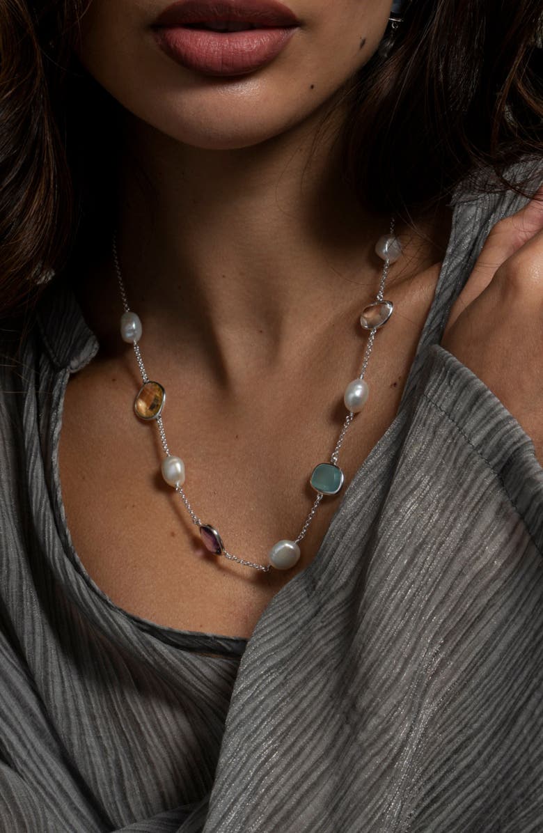 Dower & Hall Candy Gemstone & Baroque Pearl Pebble Necklace, Alternate, color, Sterling Silver