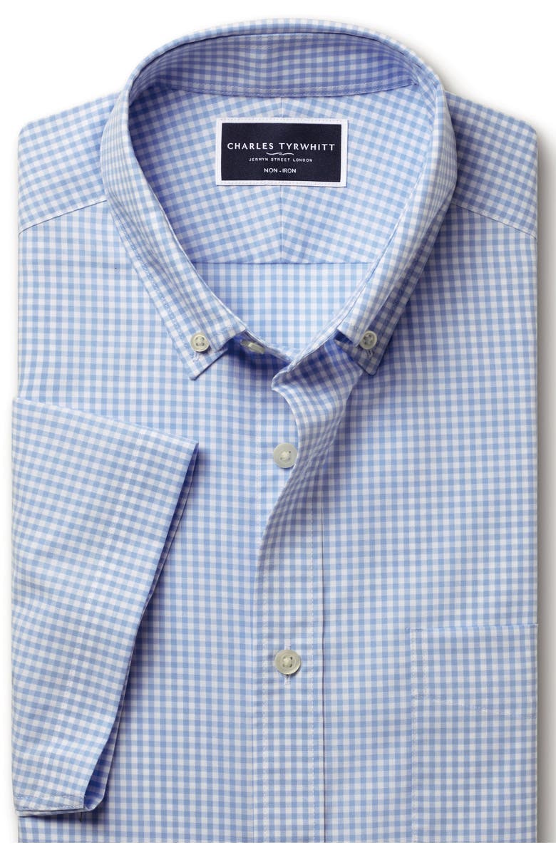 Charles Tyrwhitt Non-Iron Stretch Check Short Sleeve Shirt, Alternate, color, Cornflower Blue