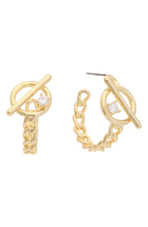Cubic Zirconia Toggle Curb Chain Hoop Earrings