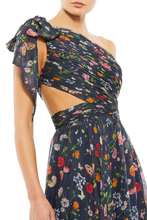 Mac Duggal Tied One Shoulder Cut-out Flowy Gown In Navy Multi