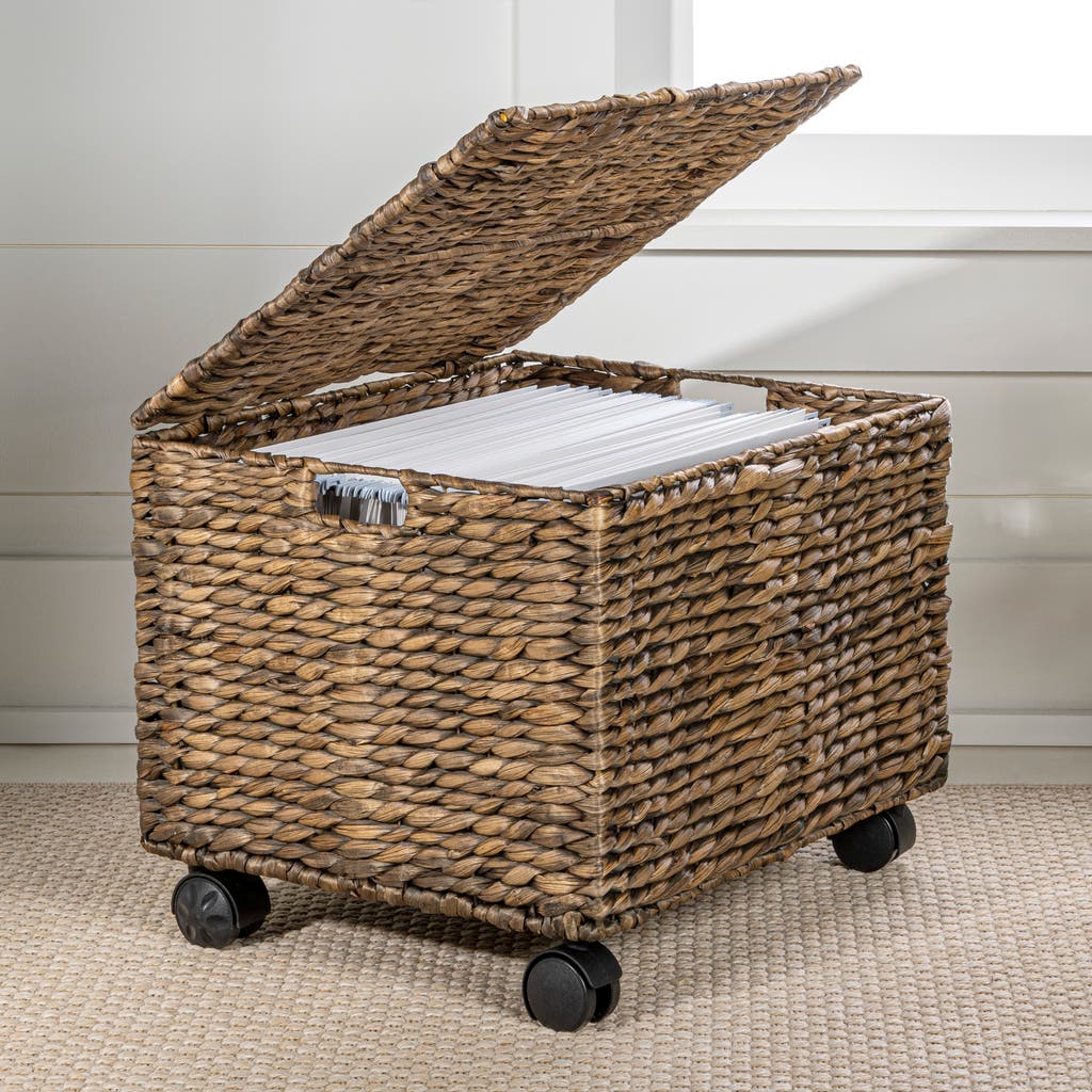 Happimess Ashton Classic Farmhouse Handwoven Hyacinth Rolling Filing Basket With Lid And 360 Degree In Brown