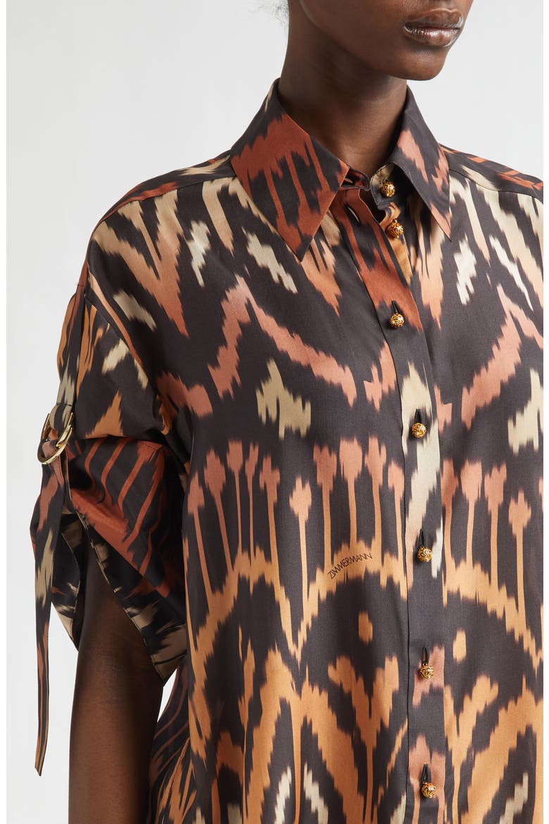 Aster Ikat Print Relaxed Silk Button-Up Shirt, Alternate, color, CHARCOAL IKAT