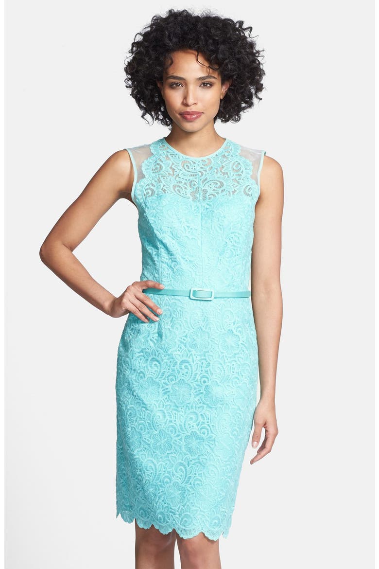 Illusion Yoke Lace Organza Sheath Dress, Main, color, SEAGLASS