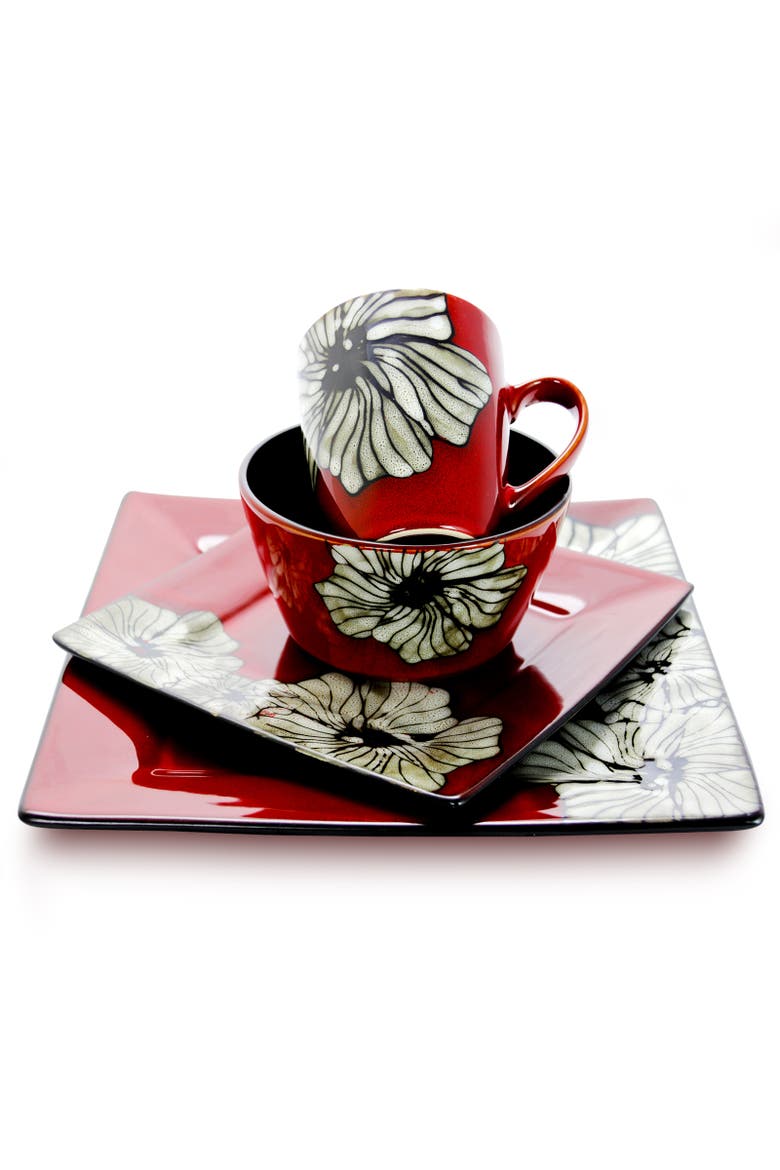 Winter Bloom 16 Piece Square Stoneware Dinnerware Set, Alternate, color, Red