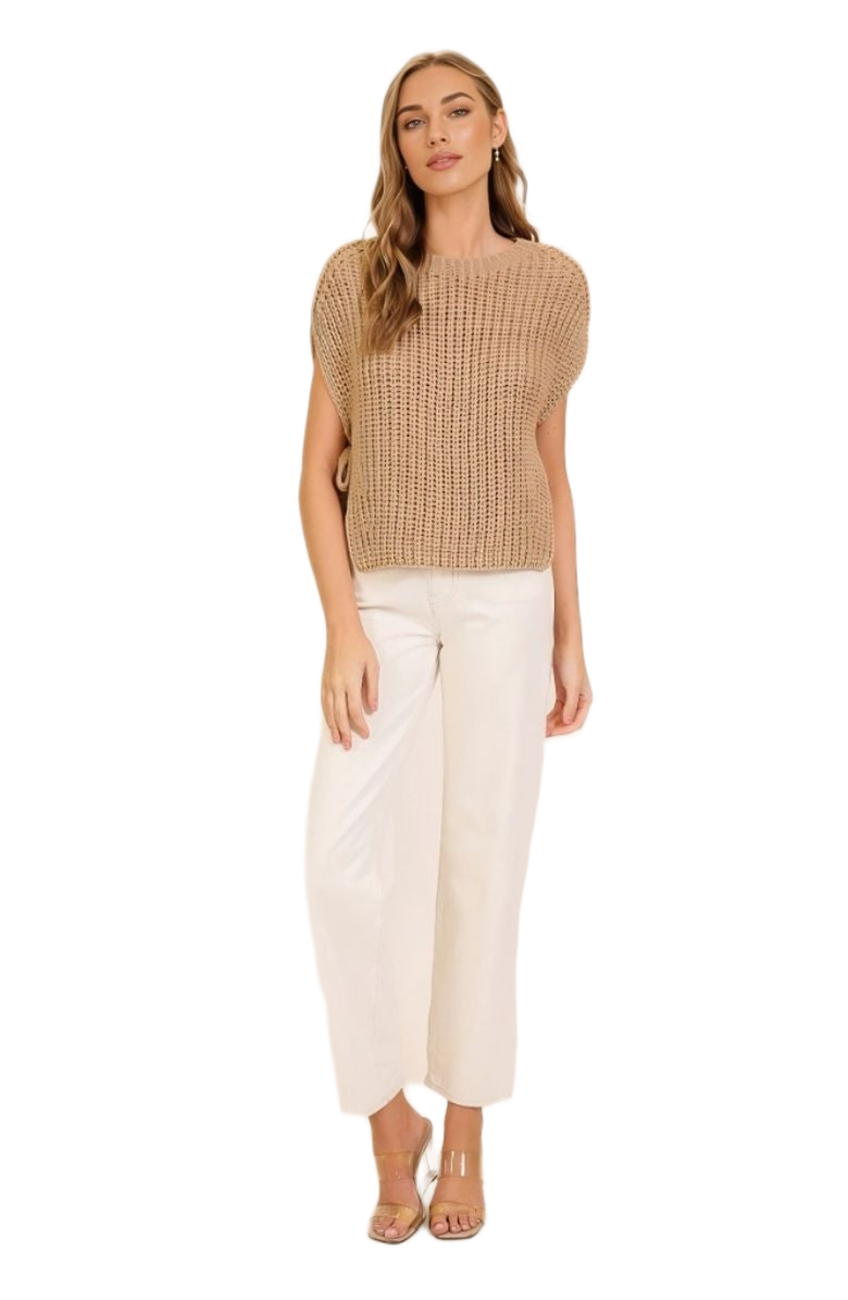 Knit and Lounge Sleeveless Knit Sweater with Side Tie Detail, Alternate, color, Camel
