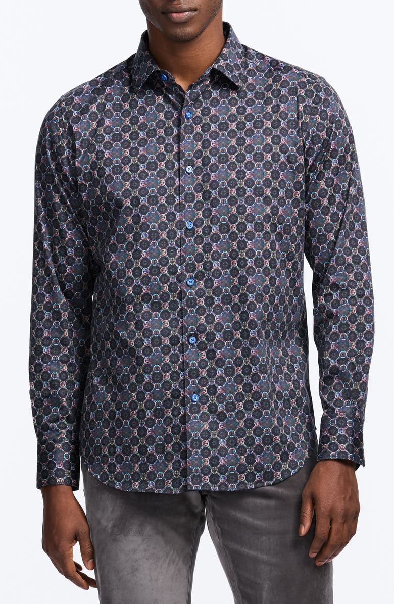 Robert Graham Bramston Mosaic Print Stretch Cotton Button-Up Shirt, Main, color, Black