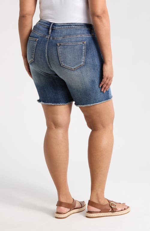 Vigoss Marley Frayed Ripped Mid Thigh Denim Shorts In Med Wash