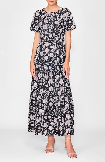 Melloday Short Sleeve Tiered Maxi Dress In Black