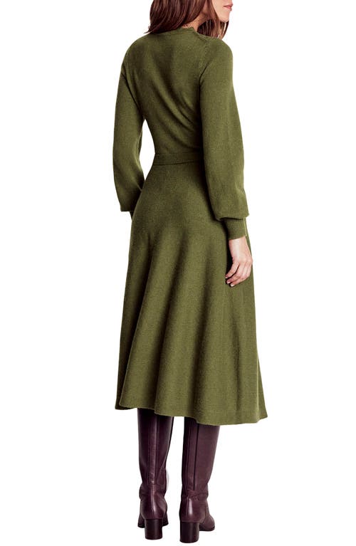 Boden Lace Appliqué Long Sleeve Tie Belt Midi Sweater Dress In Green
