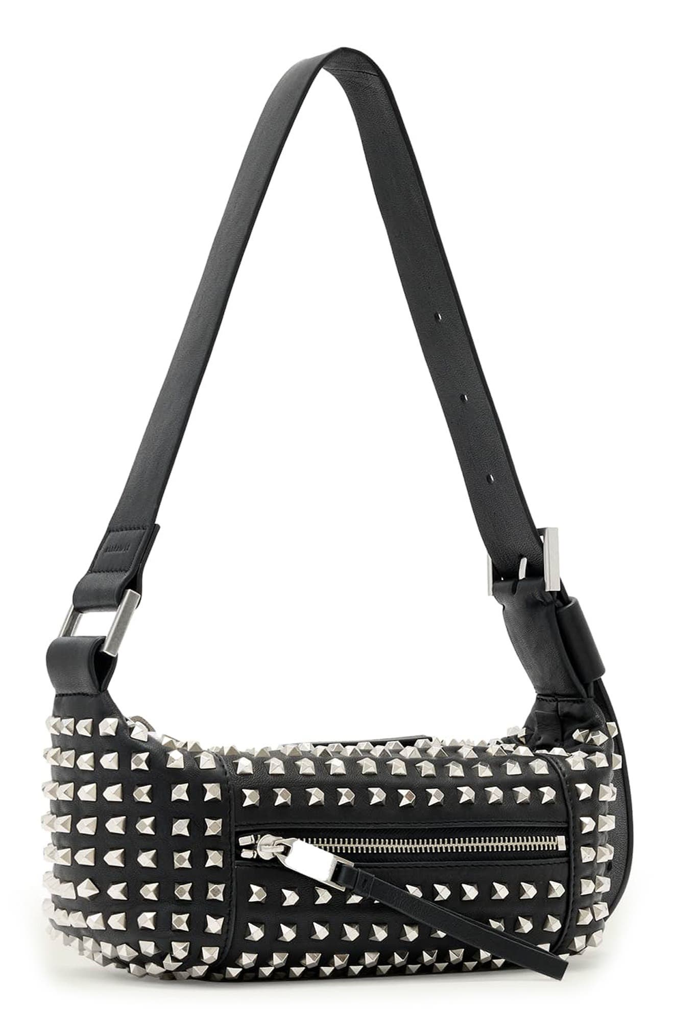 AllSaints Mini Vega Studded Leather Shoulder Bag, Alternate, color, Black