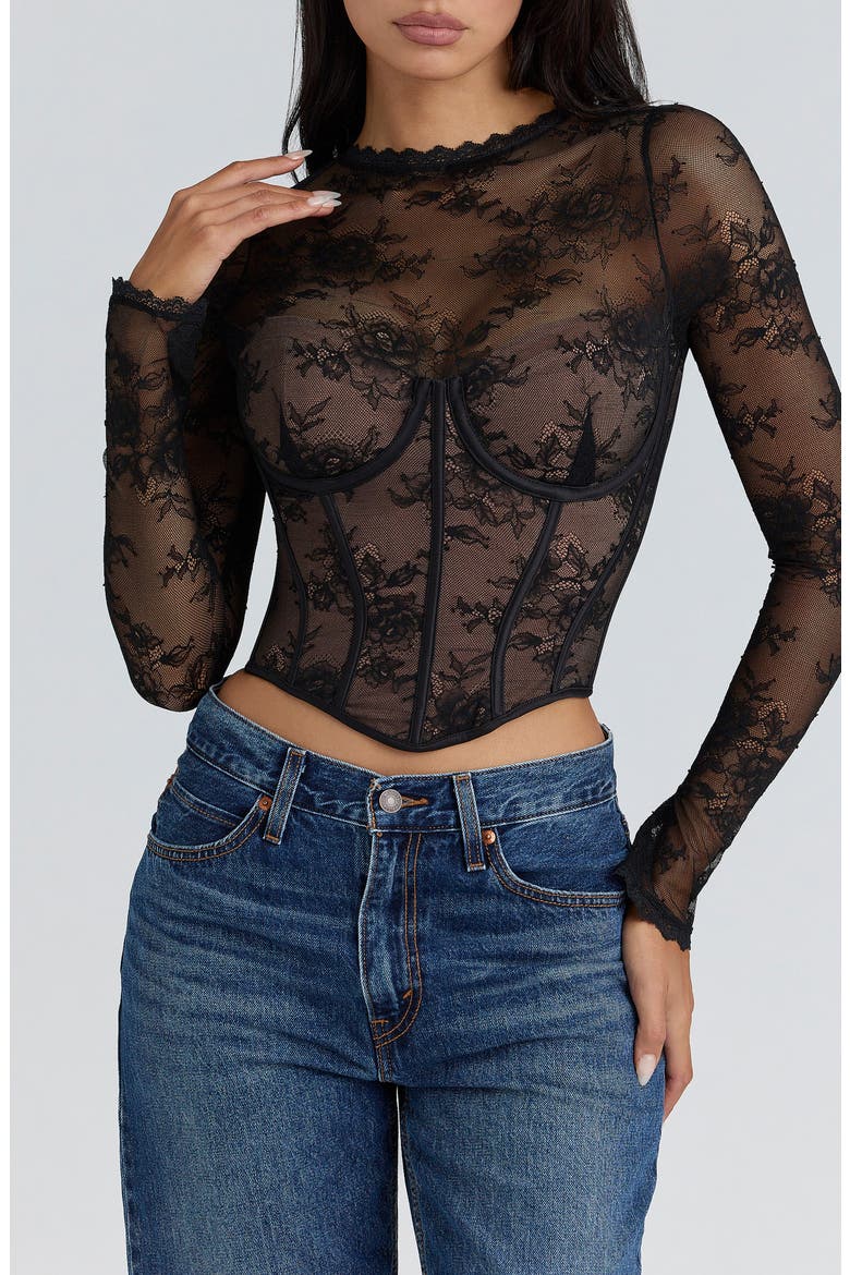 Zoe Long Sleeve Lace Crop Corset Top, Main, color, BLACK