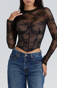 HOUSE OF CB Zoe Long Sleeve Lace Crop Corset Top