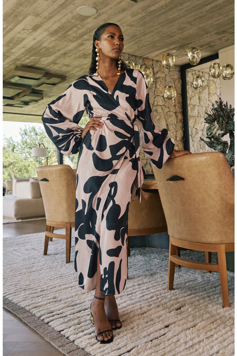 Lala Long Sleeve Midi Wrap Dress, Alternate, color, BLACK