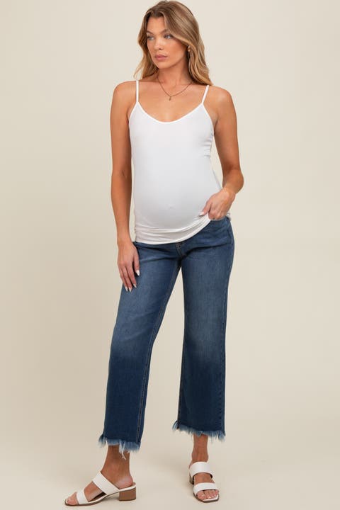 Fringe Hem Maternity Cropped Jeans
