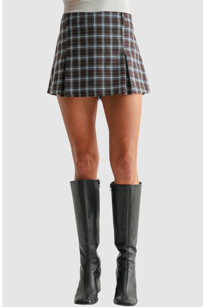 Plaid Pleated Mini Skort, Main, color, BROWN BLUE PLAID