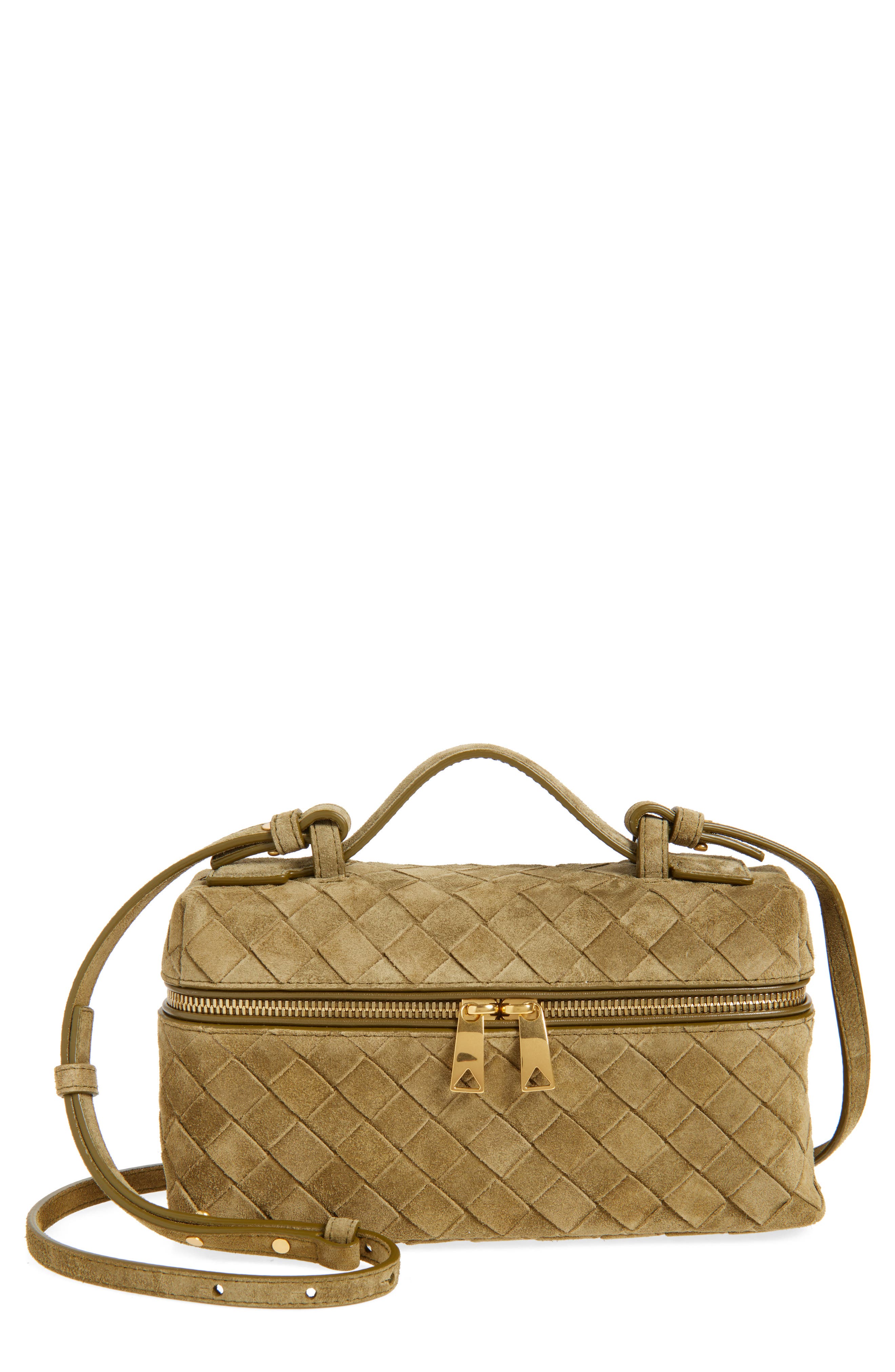 Bottega Veneta Bang Bang Intrecciato Suede Vanity Case, Main, color, 2856 Mud-Gold