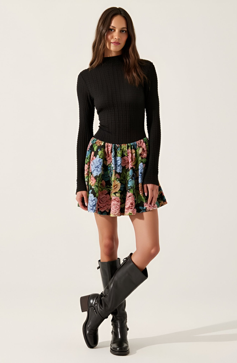 Rib-Knit Mock Neck Long Sleeve Dress with Floral Skirt