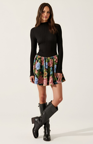 Modenaire Rib-Knit Mock Neck Long Sleeve Dress with Floral Skirt