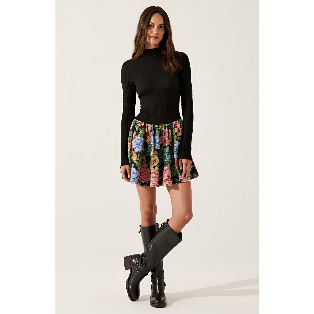Modenaire Rib-knit Mock Neck Long Sleeve Dress With Floral Skirt In Black