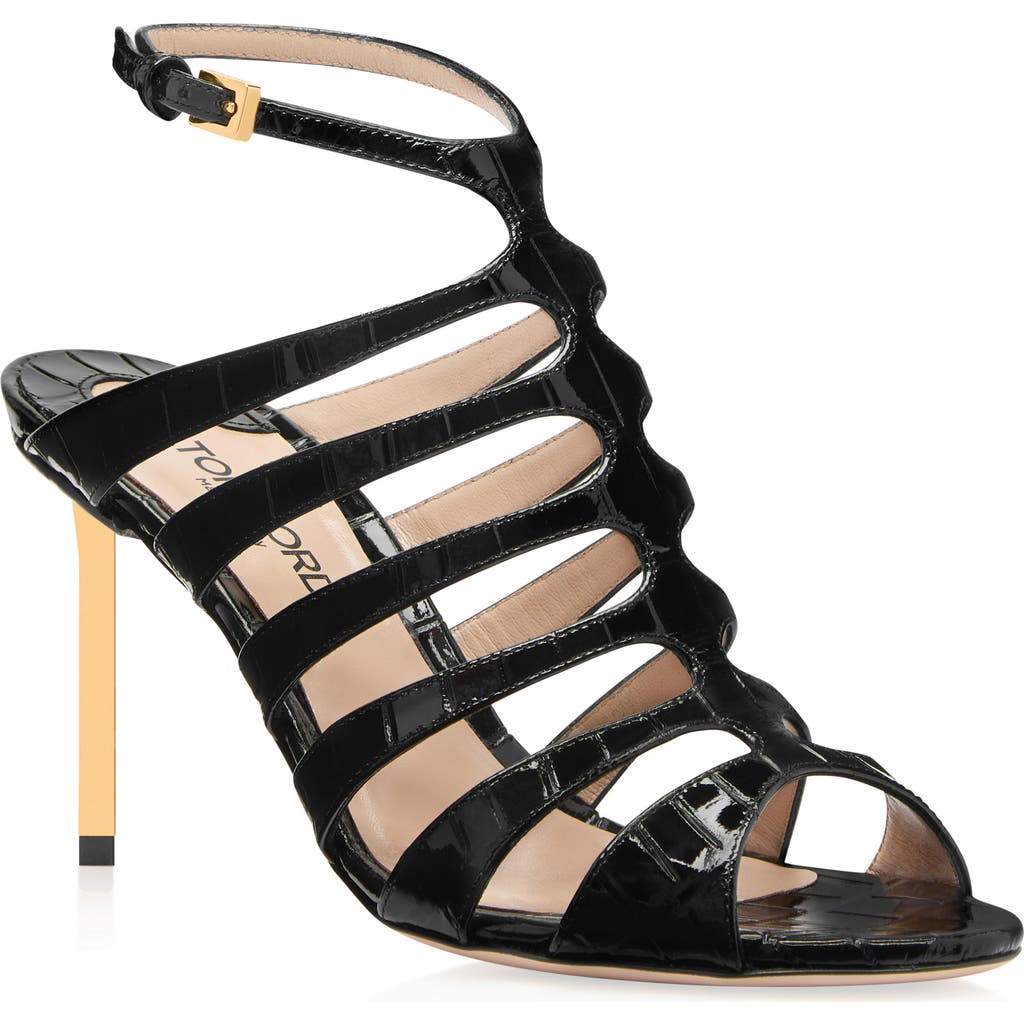 Tom Ford Carine Croc-effect Patent-leather Sandals In Black
