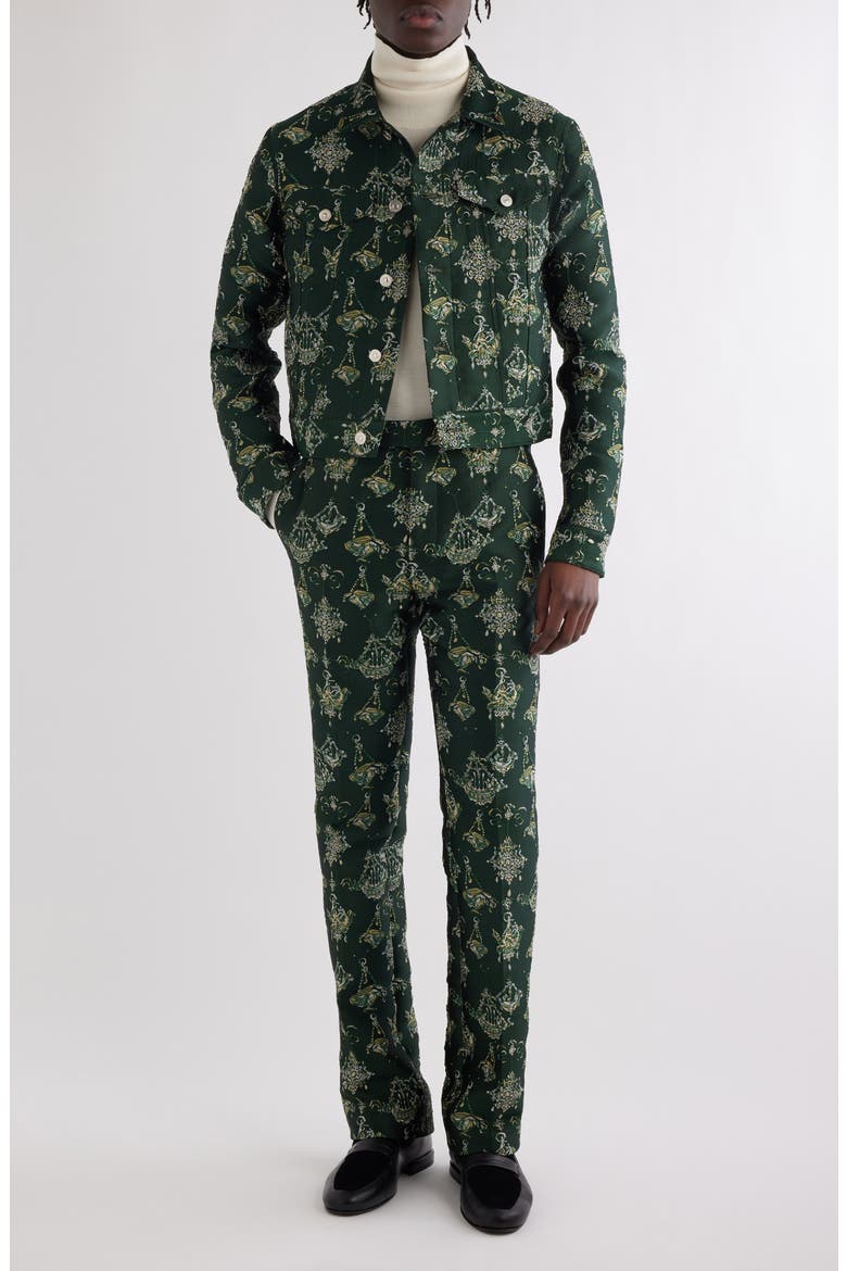 Jacquard Skinny Fit Trucker Jacket, Alternate, color, DARK GREEN