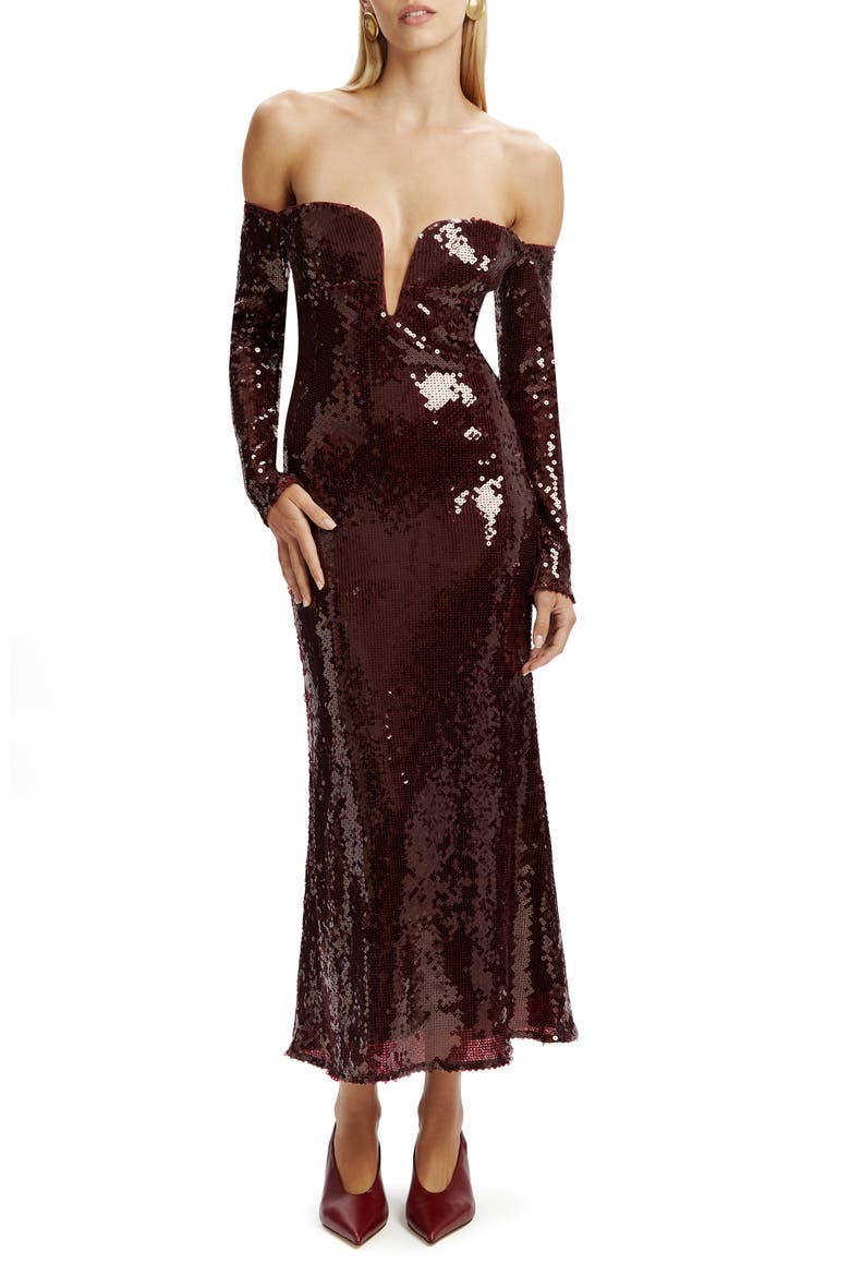 Emmeline Sequin Long Sleeve Off the Shoulder Dress, Main, color, WINE