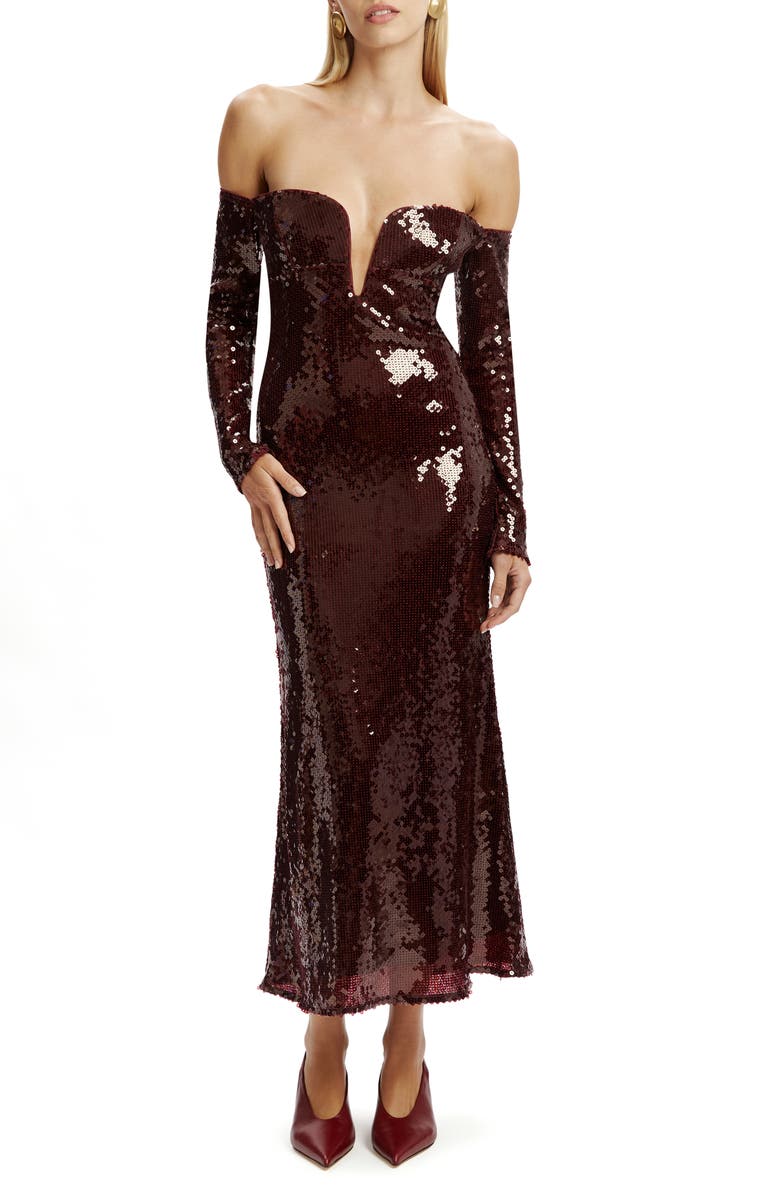 Bardot Emmeline Sequin Long Sleeve Off the Shoulder Dress, Main, color, Wine