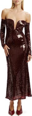 Bardot Emmeline Sequin Long Sleeve Off the Shoulder Dress