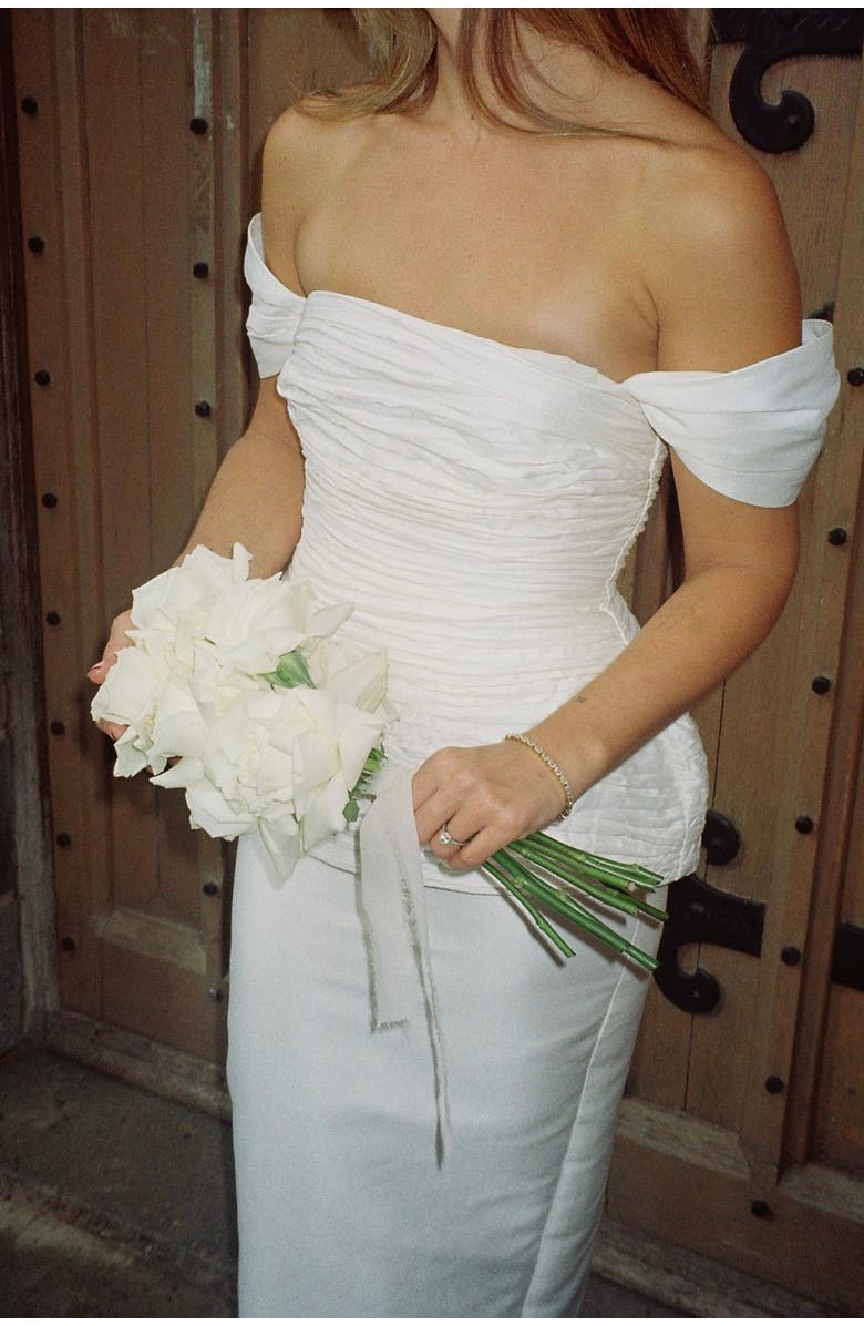 Six Stories Gathered Bardot Peplum Midi Dress, Alternate, color, 