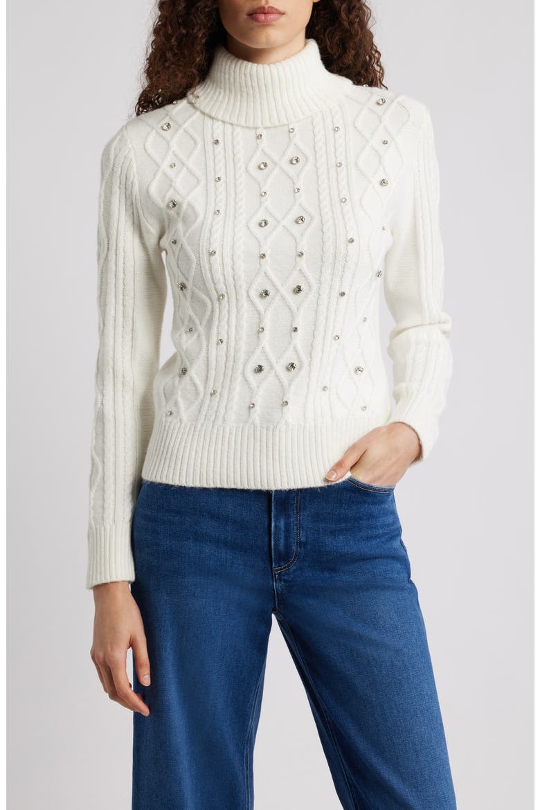 Embellished Cable Stitch Sweater, Main, color, IVORY