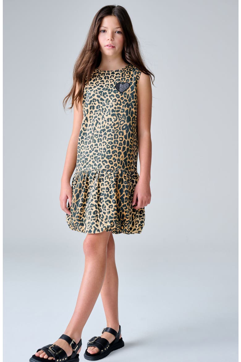 Kids' Leopard Print Bubble Hem Dress, Alternate, color, BROWN