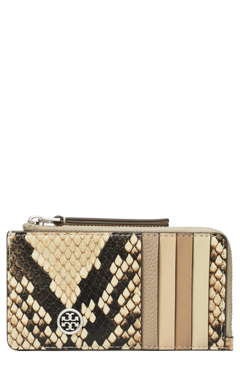 Tory Burch Robinson Snake Embossed Leather Card Case, Main, color, 