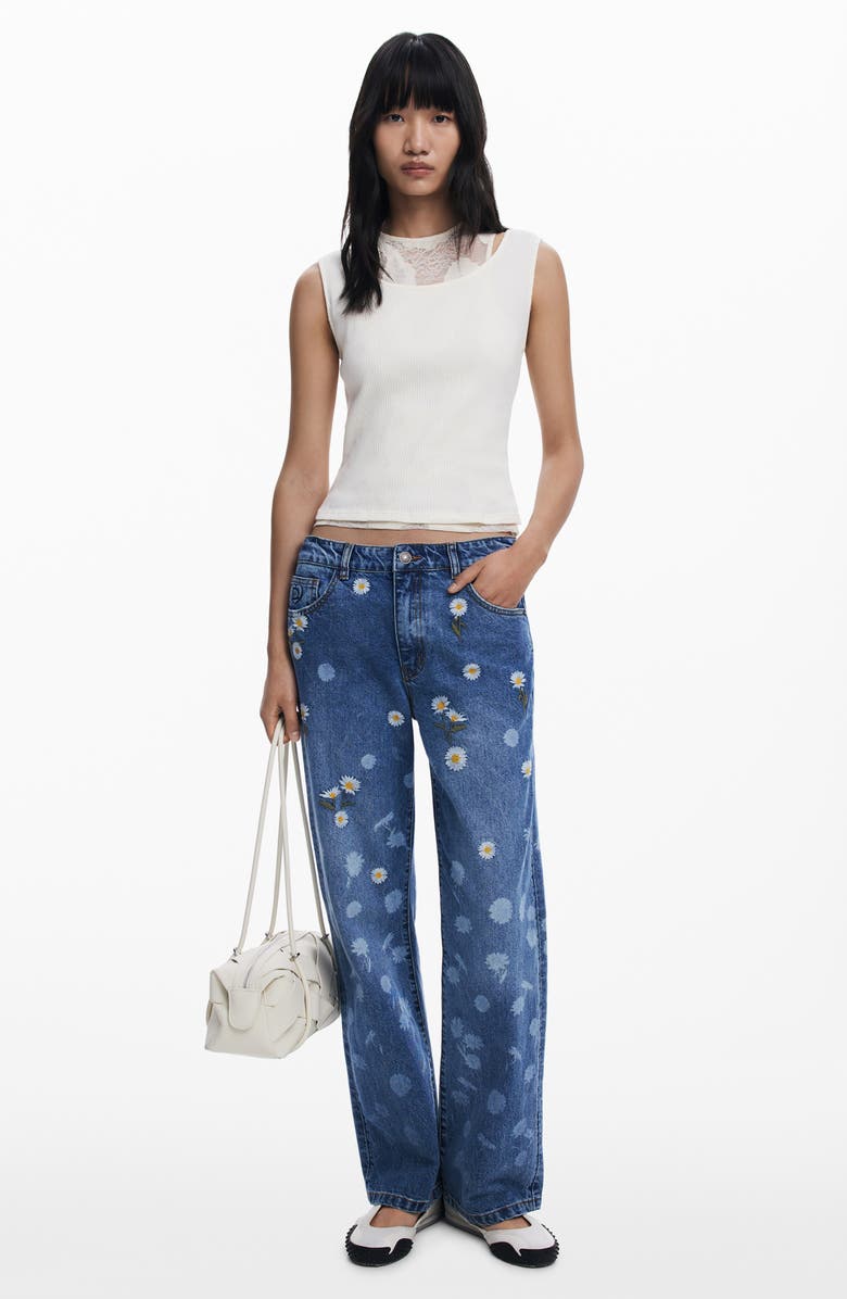 Desigual Daisy Embroidered Mid Rise Wide Leg Jeans, Alternate, color, Medium Blue